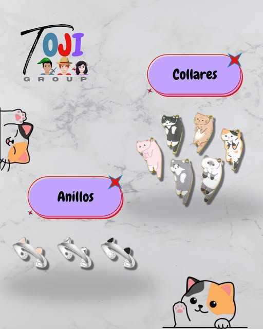 Collares con gatos de distintos colores y anillos con cara de gato